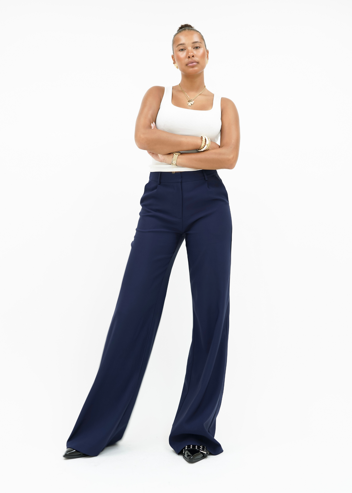 High waist wide leg pants casual night blue (tall)