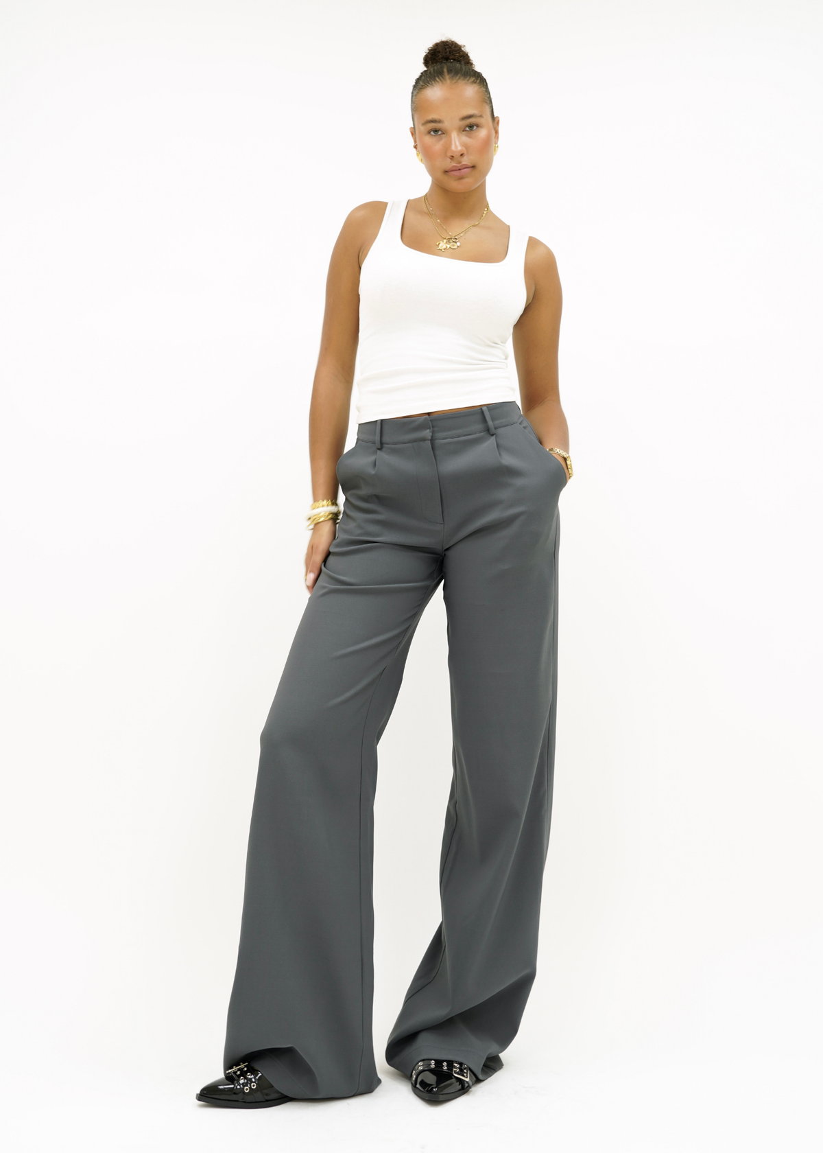High waist wide leg pants casual charcoal (tall)
