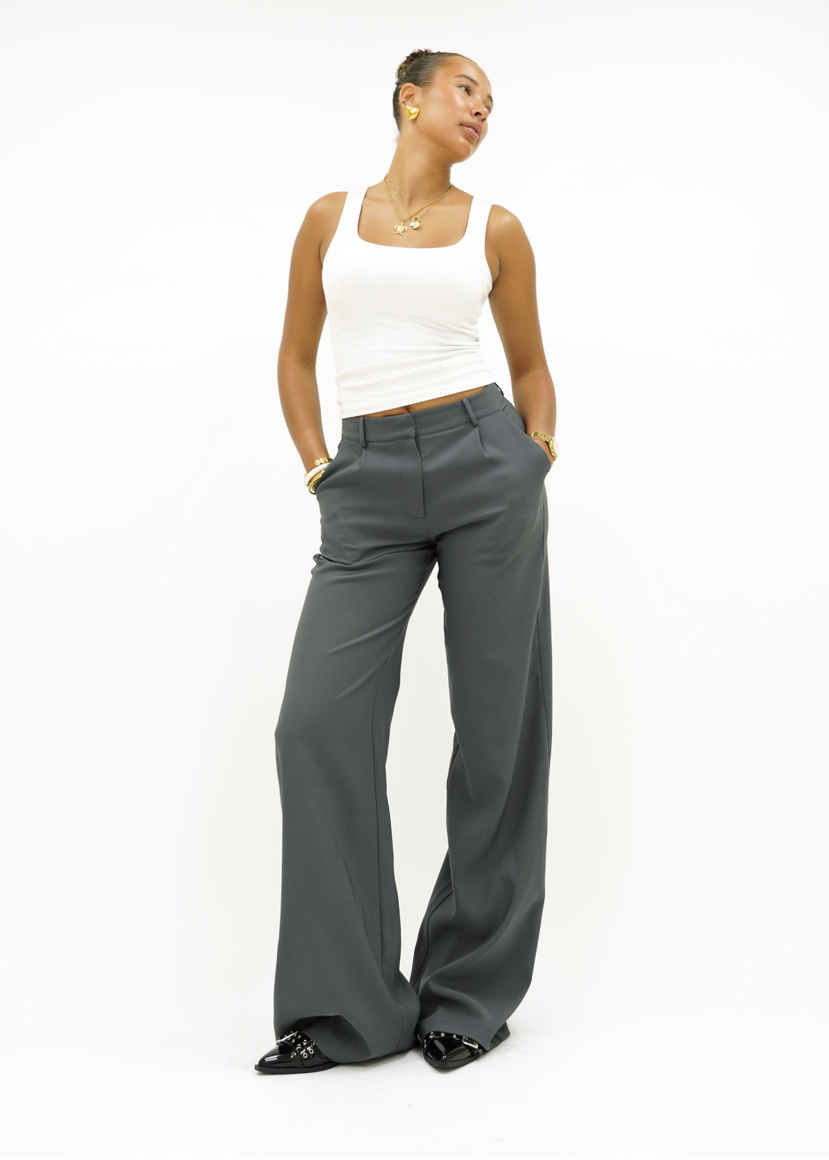High waist wide leg pants casual charcoal (tall)