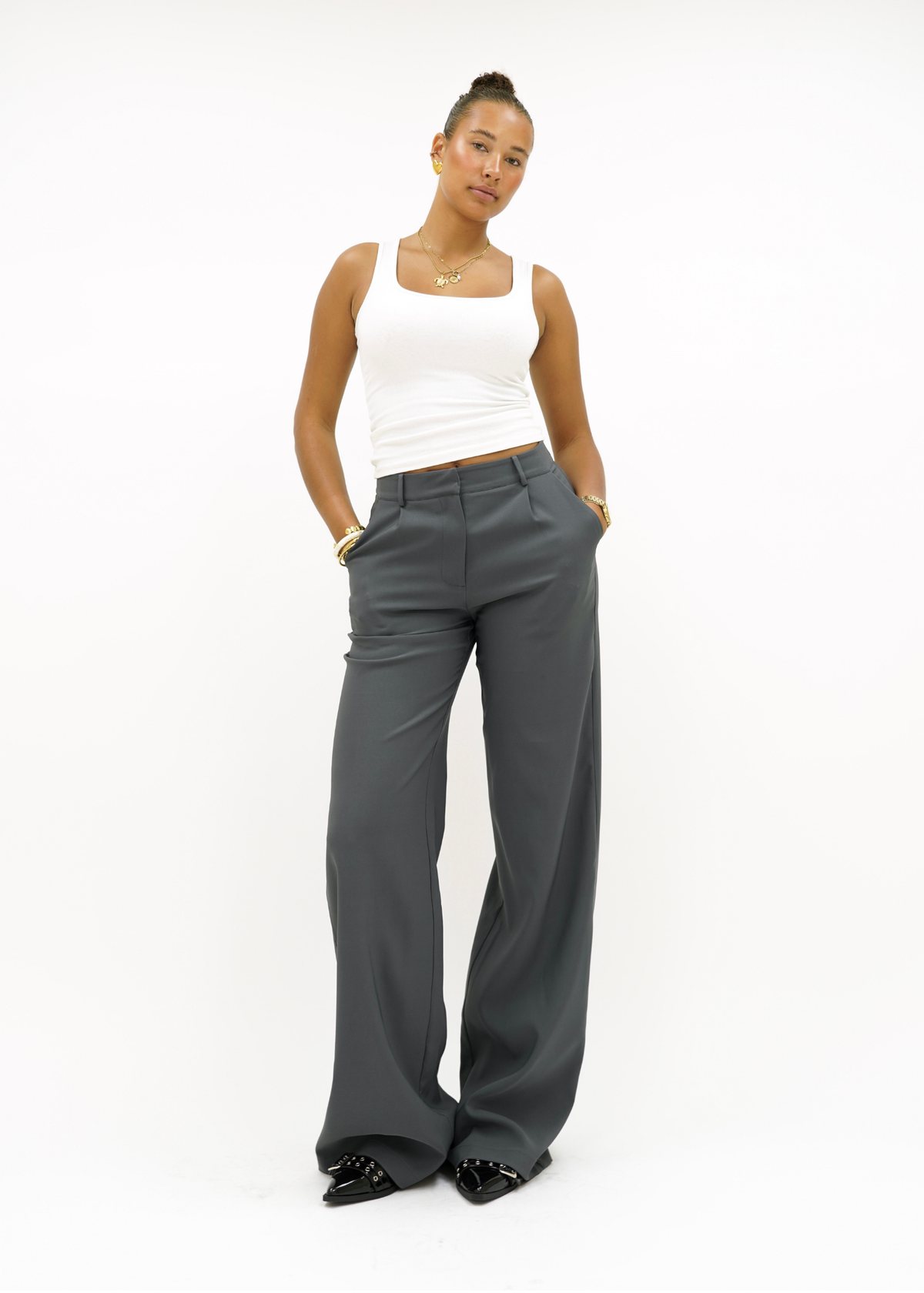 High waist wide leg pants casual charcoal (tall)