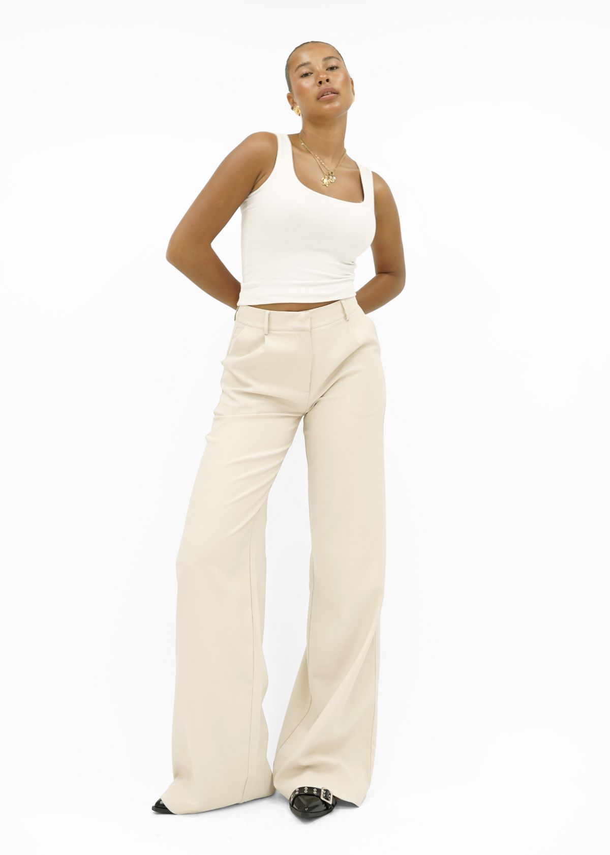 High waist wide leg pants casual crème (tall)