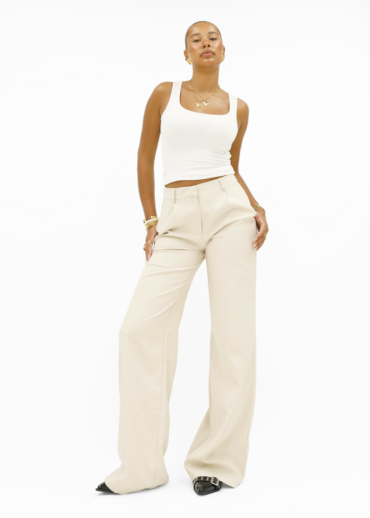 High waist wide leg pants casual crème (tall)