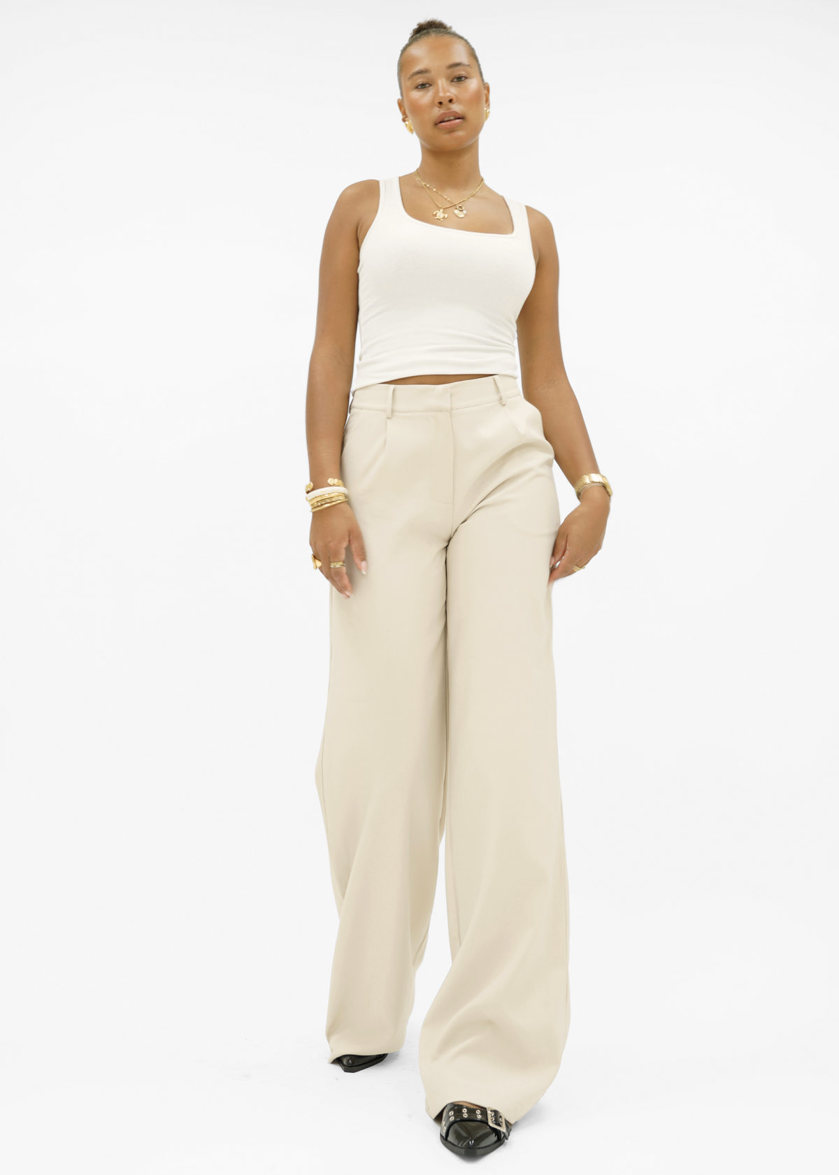 High waist wide leg pants casual crème (tall)