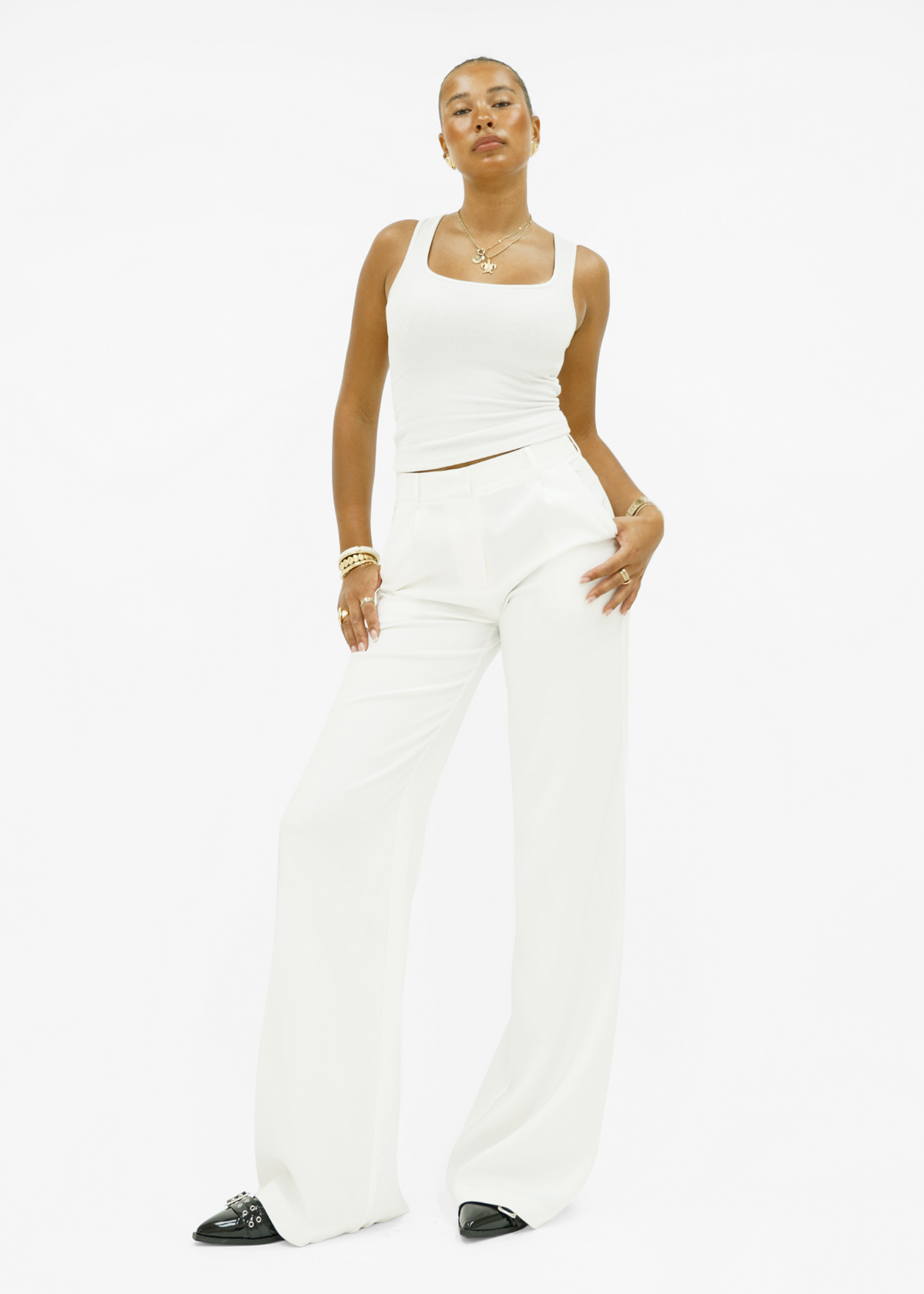 High waist wide leg pants casual white (tall)